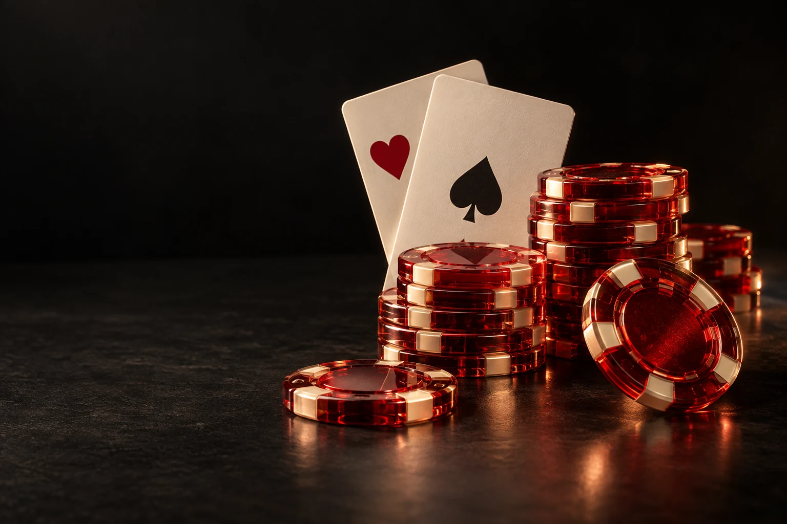 Red glass casino chips and ivory playing cards